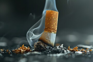 Stubbed-out cigarette surrounded by swirling smoke, symbolizing health and quitting. - obrazy, fototapety, plakaty