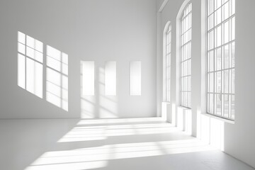Obraz premium Sunlit white room, large windows, urban view, design mockup