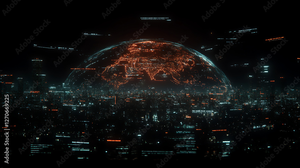 Poster futuristic cityscape with globe overlay displaying eurasia in a cyberpunk sci fi visual