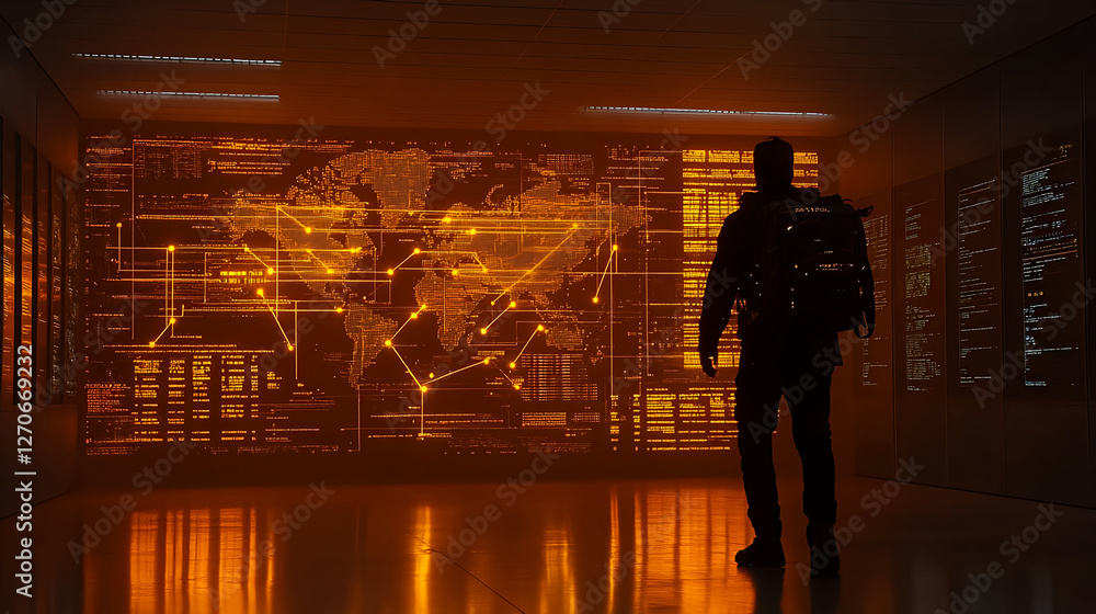 Poster high-tech data analysis session futuristic command center digital environment cybersecurity focus st