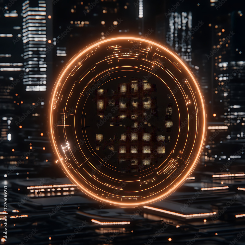 Poster futuristic cityscape with glowing circle data visualization display interface and digital tech