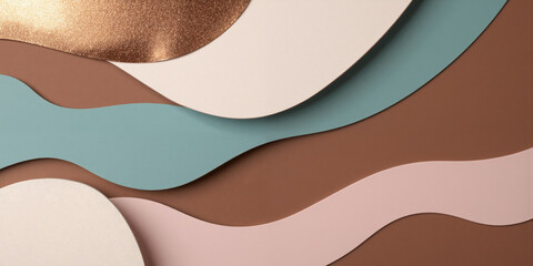 A contemporary abstract composition in mocha, musse, with accents of cool teal and soft rose creates a tranquil, stylish ambiance.