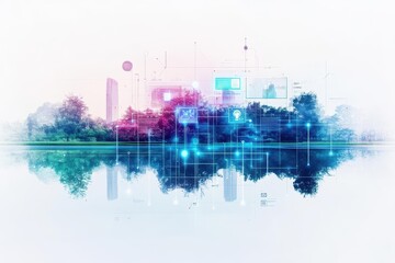 Fototapeta premium Majestic City Skyline at Dusk with Vibrant Colors Reflecting on Tranquil Water Surface Creating a Captivating Urban Landscape Scene