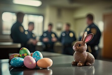 Colorful Easter eggs and chocolate bunny create festive atmosphe