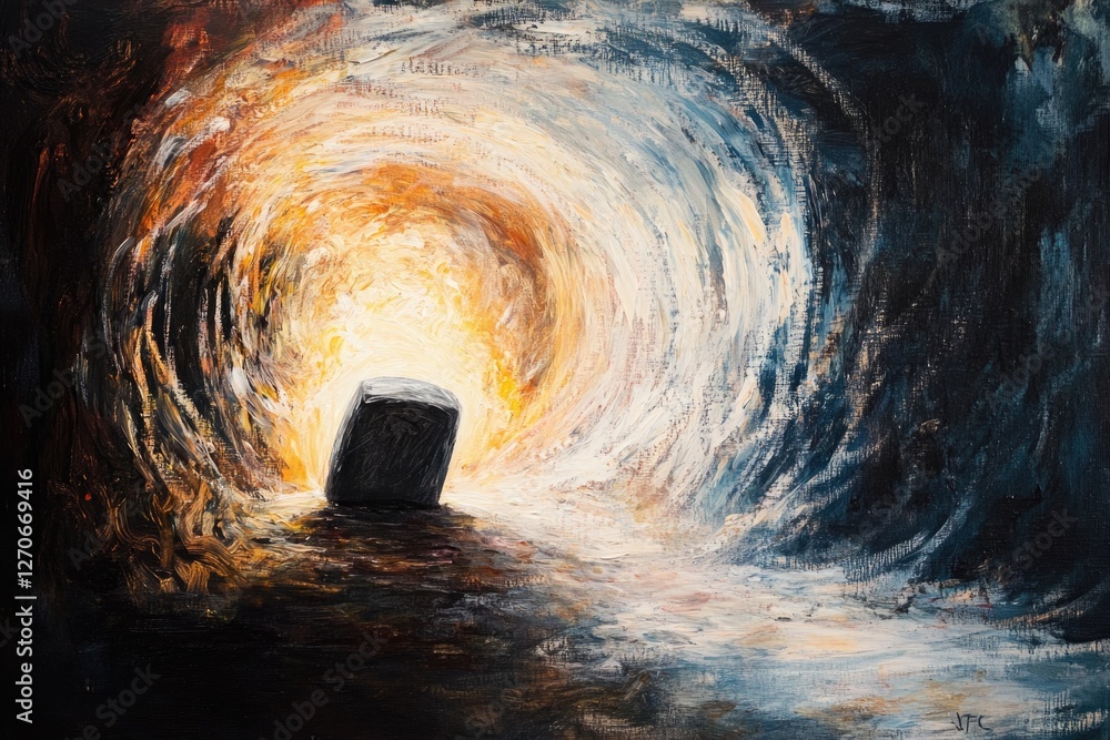 Poster glowing tunnel leads to mysterious cube, symbolizing discovery a