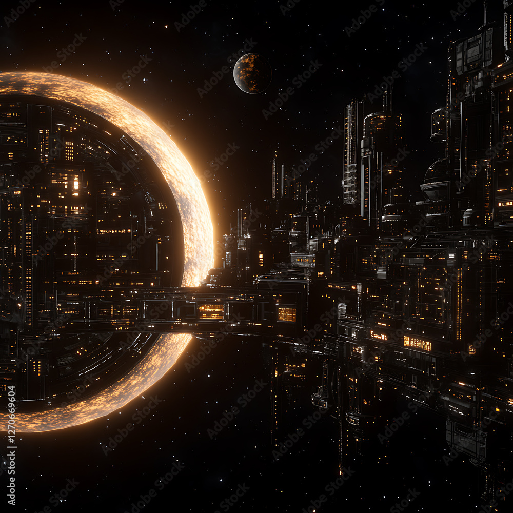Poster futuristic cityscape with illuminated ring structures in orbit and distant planet in the background