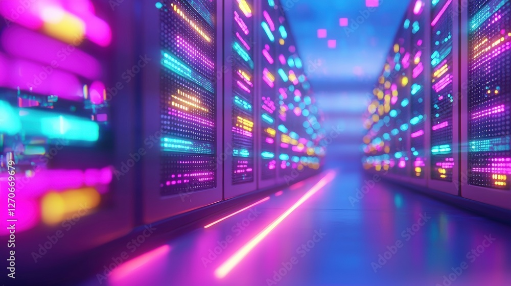 Poster a vibrant data center corridor illuminated with colorful led lights, showcasing server racks and a f