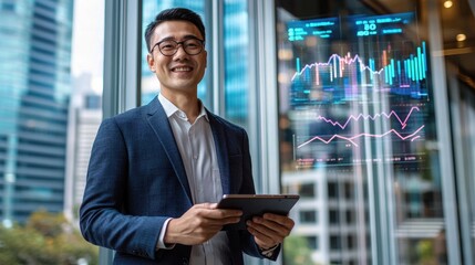 Fototapeta premium Confident Asian Businessman Analyzing Stock Market Data on Tablet