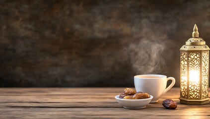 Obraz premium Ramadan dates and tea lantern, peaceful scene