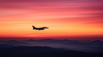 Majestic Airplane Gliding Gracefully Above Rugged Mountain Peaks Bathed in Warm Sunset Glow Creating a Breathtaking Scenic Skyward View