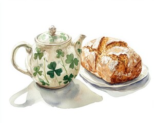 Watercolor Still Life of Bread and Shamrock Teapot