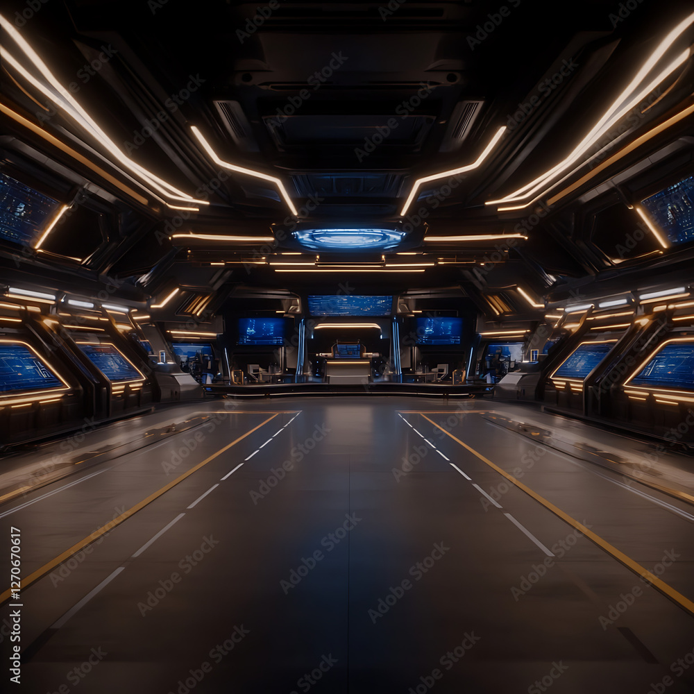 Poster futuristic command center illuminated with warm lighting and advanced technology displays concept
