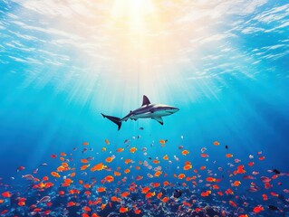 Obraz premium Majestic Shark Gliding Through Vibrant Ocean Waters Surrounded by Schools of Colorful Fish Underneath the Sunlight Creating a Lively Marine Scene