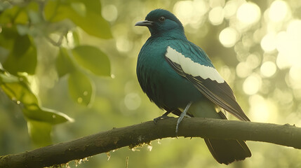 Obraz premium Vibrant Bird Perched on Branch in Sunlit Natural Environment