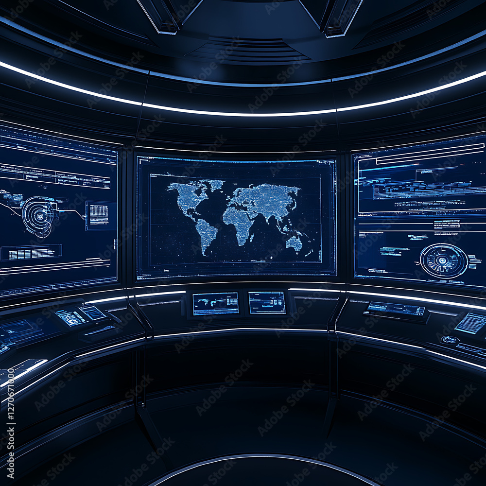 Poster futuristic control center displaying global data world map with advanced digital technologies
