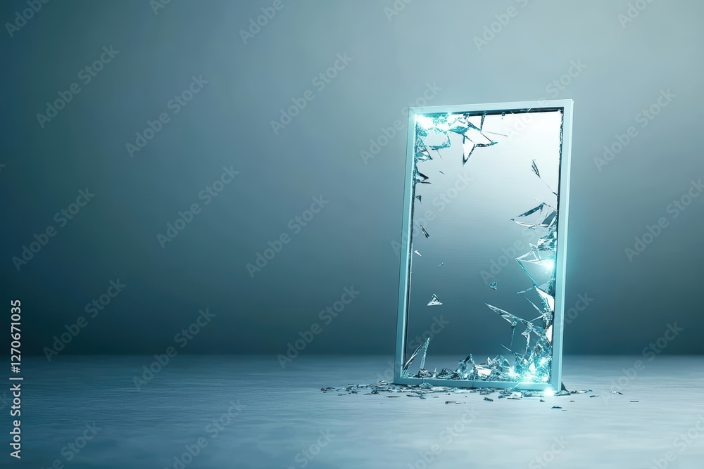 Poster intriguing composition of a broken mirror with shattered glass reflecting light creating a sense of 