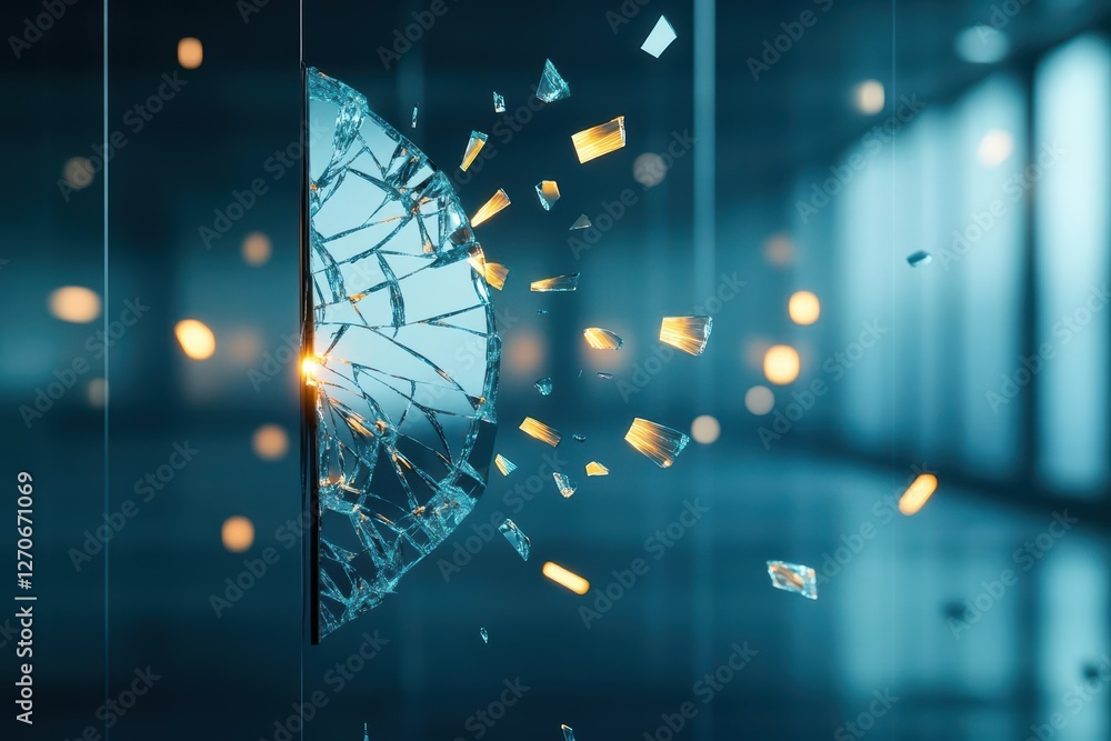Poster intricate shattered glass window fragments creating an abstract pattern of light and shadows evoking