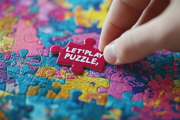 Colorful Puzzle Piece with Text and Hand Placing It on Background