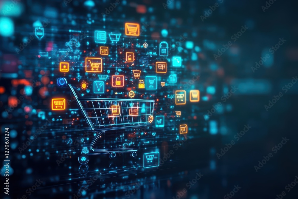 Poster shopping cart filled with colorful icons representing various retail categories evoking a sense of c