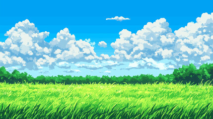 summer landscape with grass and blue sky pixel art style background