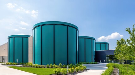 A row of large, teal cylindrical tanks is seen against a clear blue sky, set within a landscaped area, showcasing modern industrial design.