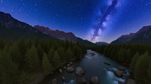 Milky way arc over mountain river in the middle of the forest on a long exposure - 360 loop video