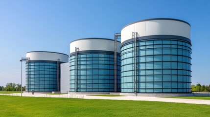 Modern cylindrical tanks with glass facades situated on a grassy area under a clear blue sky.