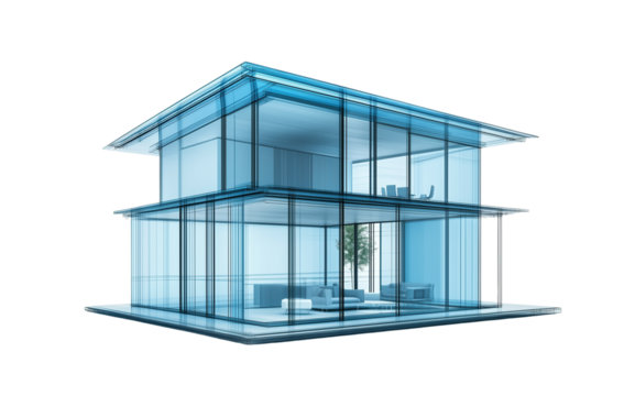 a 3D transparent glass modern house isolated on a transparent background