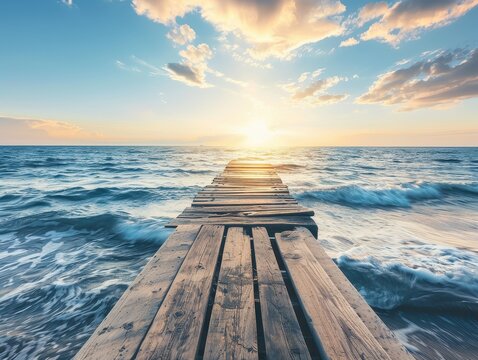 Long wooden pier extending into the sea at sunset