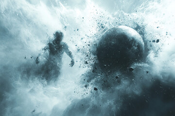 Dark silhouette of a man and a collapsing planet in thick smoke or nebula. Concept of global ecological crisis. Generated by artificial intelligence