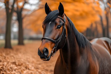 Obraz premium Majestic Brown Horse in Vibrant Autumn Forest Setting for Nature and Wildlife Themes