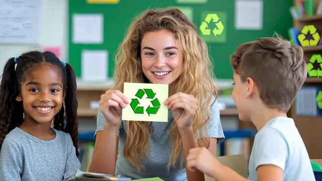 Teacher interacts with students while promoting recycling awareness and eco-friendly practices in class