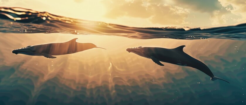 Majestic whales gracefully swimming beneath a bright sky