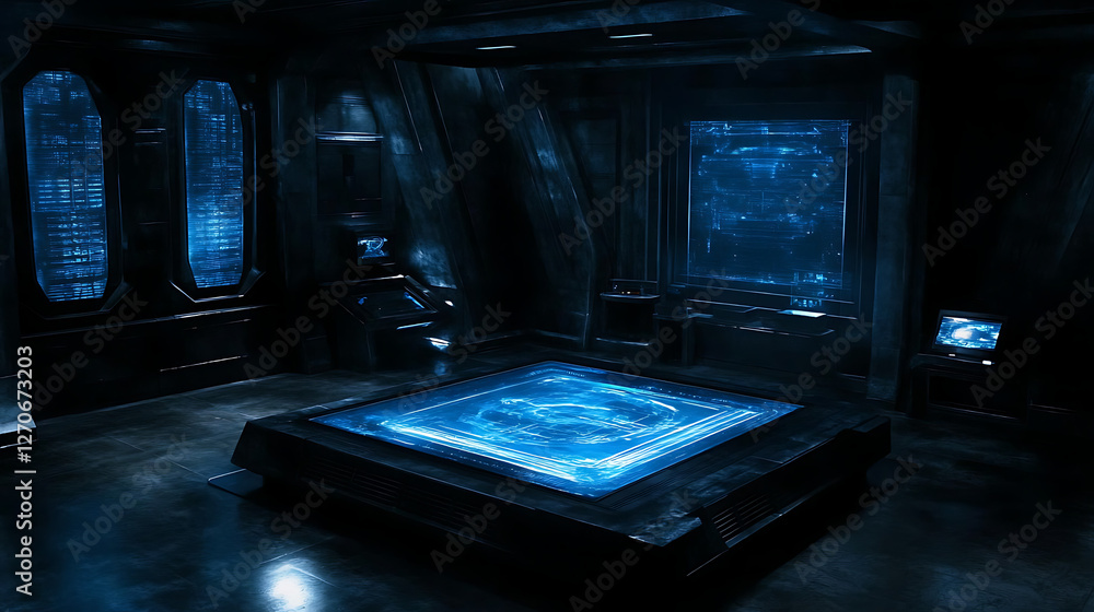 Poster futuristic data core room with holographic display and advanced technology environment scene