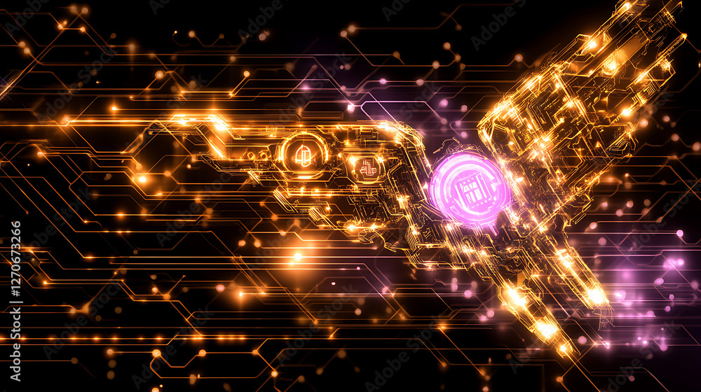 Poster futuristic digital circuit board with glowing elements and complex electronic components design