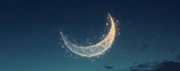 A digital crescent moon glows brightly against a starry sky