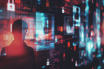 Abstract digital representation of cybersecurity themes with silhouette of a person in front of data screens and padlocks symbolizing data protection