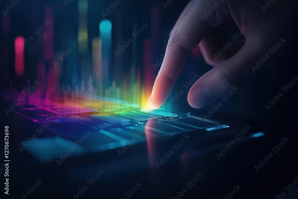 Poster a person engrossed in work on a laptop surrounded by vibrant colorful lights creating a dynamic and 