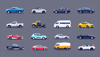 Set of isometric city cars with collection bus, sedan, universal, hatchback, pickup, truck, coupe, sport car, suv, minivan isolated on art background. Colorful vehicles showroom. Vector illustration