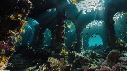 Marine life thrives among ancient underwater ruins in stunning image.