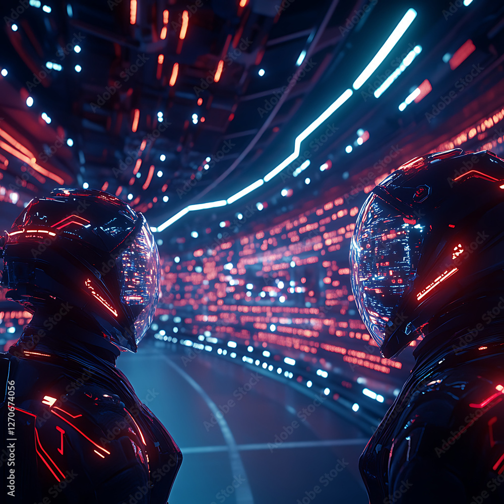 Poster futuristic encounter between cybernetically enhanced figures in a neon lit data tunnelscape vision