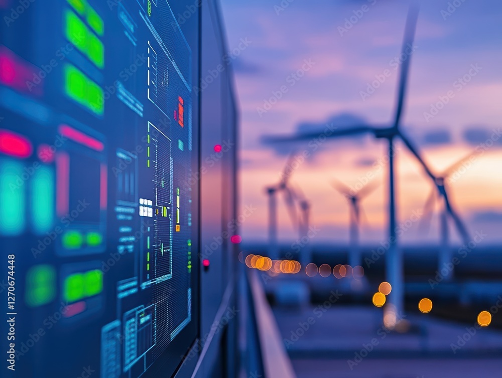 Poster computer screen displaying digital data with a modern wind turbine silhouetted against a clear blue 