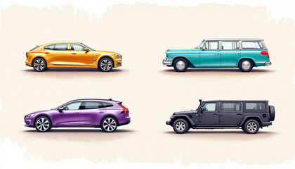 Fototapeta premium Set of isometric city cars with collection bus, sedan, universal, hatchback, pickup, truck, coupe, sport car, suv, minivan isolated on art background. Colorful vehicles showroom. Vector illustration