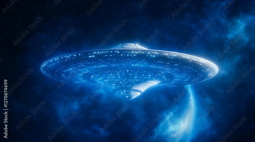 Poster futuristic flying saucer journey through deep outer space nebula exploration and celestial navigatio