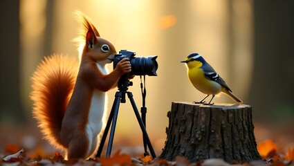 A curious red squirrel, standing on its hind legs, eagerly peers through the lens of a professional DSLR camera capture the yellow breasted bird with soft golden glow of the fading sunlight.