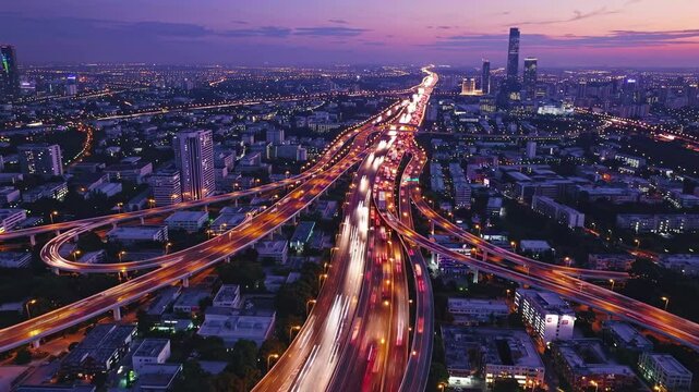 Aerial view of a bustling city highway at dusk, showcasing light trails and urban sprawl. Captured in a dynamic, cinematic video style.