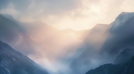 Fototapeta premium Misty Mountains at Dawn with Gentle Sunlight and Calm Atmosphere