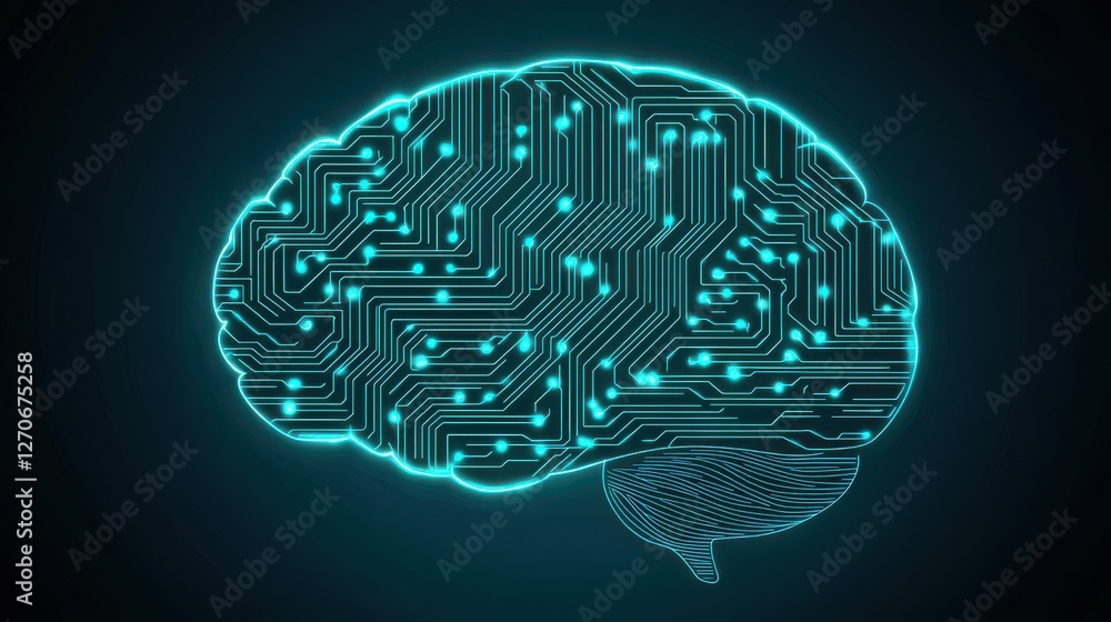 Poster a glowing brain composed of circuit patterns, symbolizing the fusion of technology and human intelli
