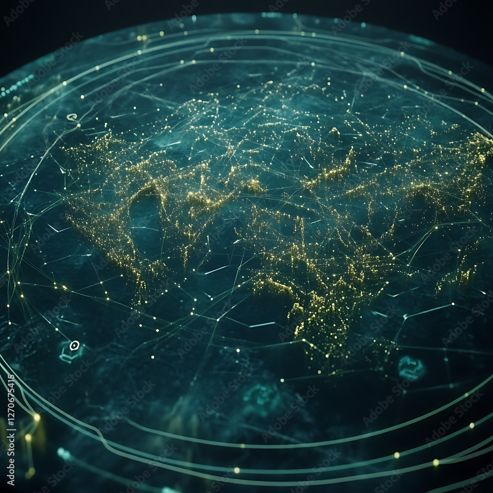 Poster futuristic global network connection with interlinked data points and nodes across planet earth
