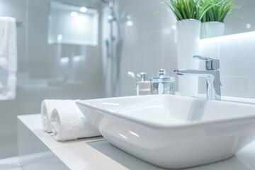 Fototapeta premium Modern bathroom interior with white fixtures and elegant design.